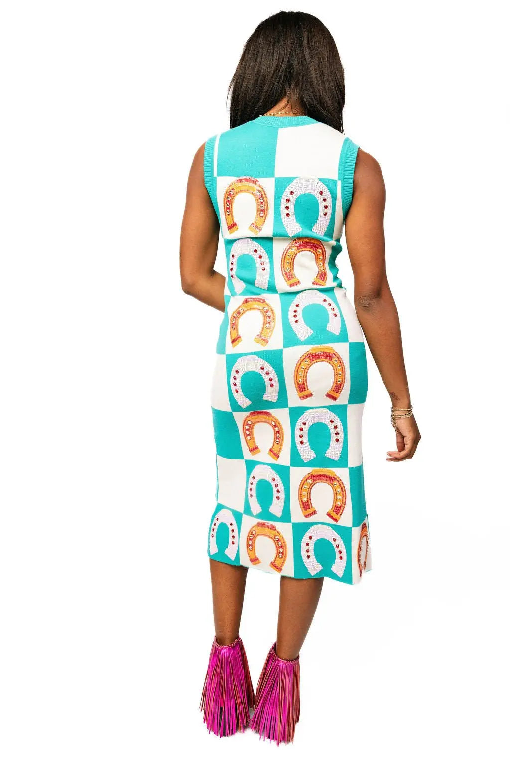 Queen of Sparkles Teal Checkered Horse Shoe Knit Maxi Dress Boutique Bella Bella
