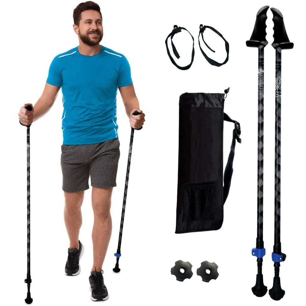 Motivator Walking Poles for Balance and Rehab - Patented Stability Grips - Lightweight, Adjustable, and Collapsible -2 Pieces Adjustable w/flip Locks, Detachable feet and Travel Bag - For Heights up to 6'2" York Nordic