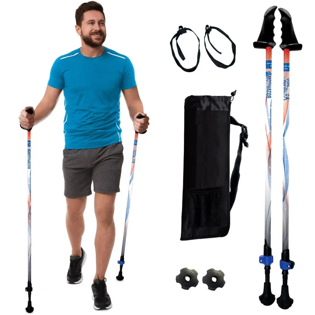 Motivator Walking Poles for Balance and Rehab - Patented Stability Grips - Lightweight, Adjustable, and Collapsible -2 Pieces Adjustable w/flip Locks, Detachable feet and Travel Bag - For Heights up to 6'2" York Nordic