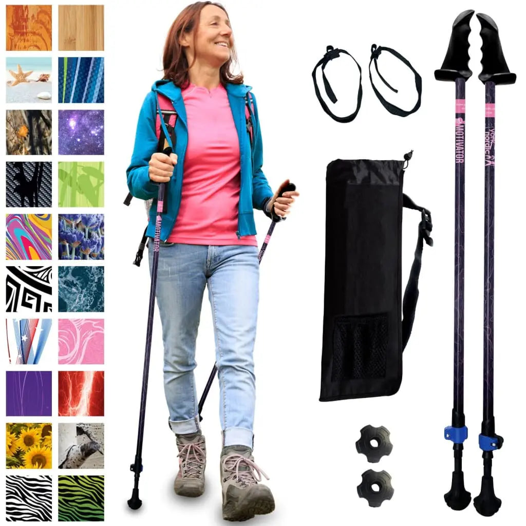 Motivator Walking Poles for Balance and Rehab - Patented Stability Grips - Lightweight, Adjustable, and Collapsible -2 Pieces Adjustable w/flip Locks, Detachable feet and Travel Bag - For Heights up to 6'2" York Nordic