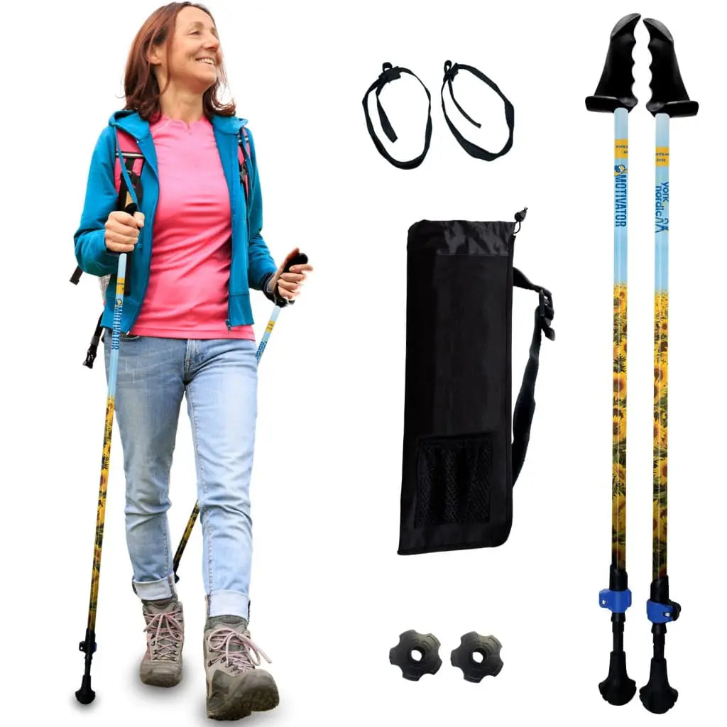 Motivator Walking Poles for Balance and Rehab - Patented Stability Grips - Lightweight, Adjustable, and Collapsible -2 Pieces Adjustable w/flip Locks, Detachable feet and Travel Bag - For Heights up to 6'2" York Nordic