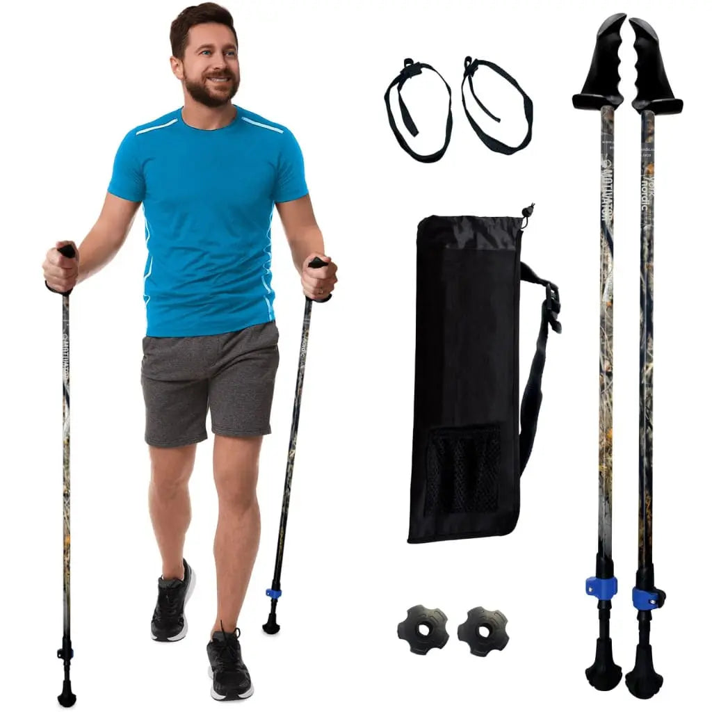 Motivator Walking Poles for Balance and Rehab - Patented Stability Grips - Lightweight, Adjustable, and Collapsible -2 Pieces Adjustable w/flip Locks, Detachable feet and Travel Bag - For Heights up to 6'2" York Nordic