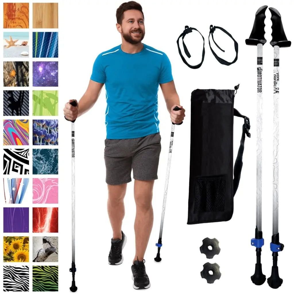 Motivator Walking Poles for Balance and Rehab - Patented Stability Grips - Lightweight, Adjustable, and Collapsible -2 Pieces Adjustable w/flip Locks, Detachable feet and Travel Bag - For Heights up to 6'2" York Nordic