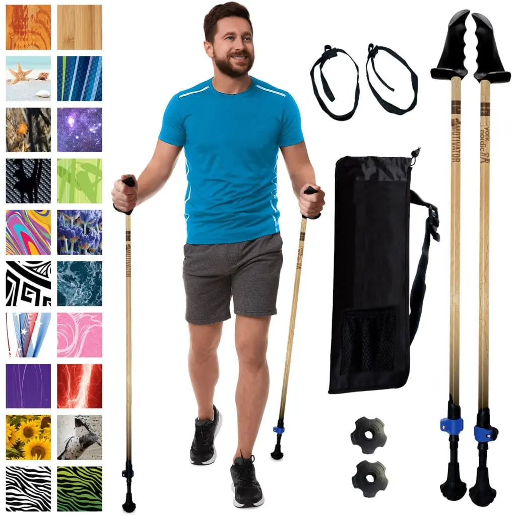 Motivator Walking Poles for Balance and Rehab - Patented Stability Grips - Lightweight, Adjustable, and Collapsible -2 Pieces Adjustable w/flip Locks, Detachable feet and Travel Bag - For Heights up to 6'2" York Nordic