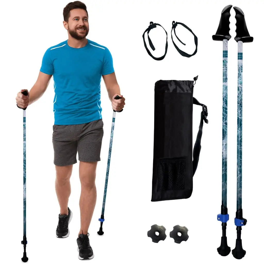 Motivator Walking Poles for Balance and Rehab - Patented Stability Grips - Lightweight, Adjustable, and Collapsible -2 Pieces Adjustable w/flip Locks, Detachable feet and Travel Bag - For Heights up to 6'2" York Nordic