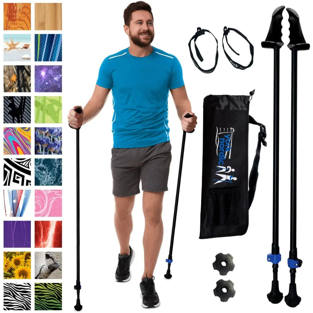 Motivator Walking Poles for Balance and Rehab - Patented Stability Grips - Lightweight, Adjustable, and Collapsible -2 Pieces Adjustable w/flip Locks, Detachable feet and Travel Bag - For Heights up to 6'2" York Nordic